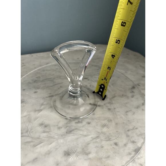 Vintage Tidbit 11” Serving Tray Dish Etched Glass Handle Floral Scallop Trim - Picture 4 of 16